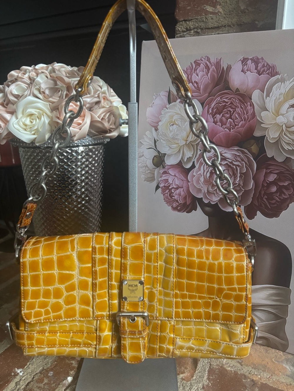 MCM Croc-Embossed Patent Leather Shoulder Bag in Glossy Mustard Yellow